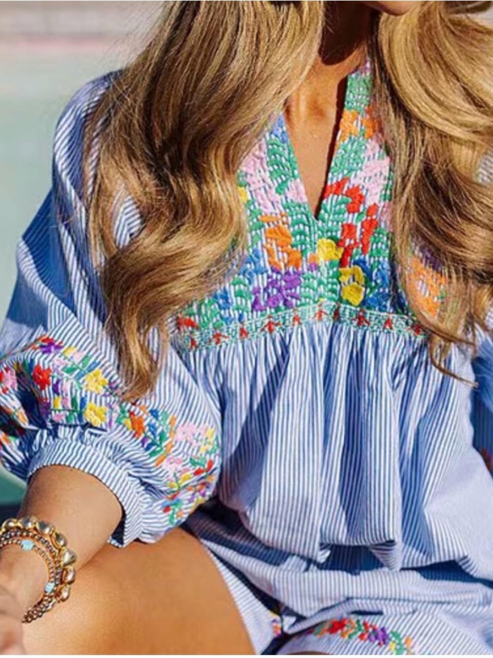 Embroidered Blue Stripe Tunic and shorts with Multicolor Floral Yoke